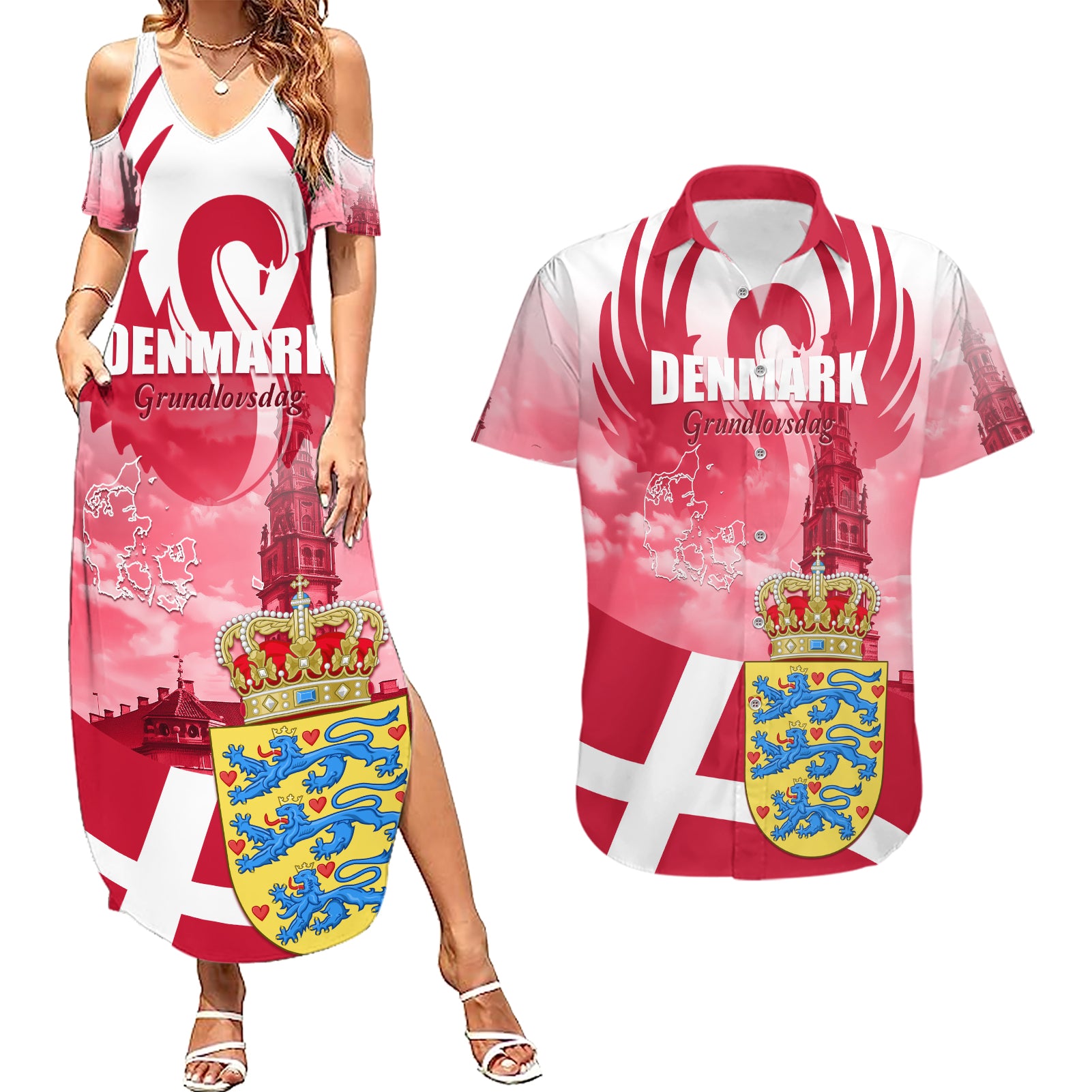 Denmark Constitution Day 2024 Couples Matching Summer Maxi Dress and Hawaiian Shirt Grundlovsdag 5th June - Wonder Print Shop