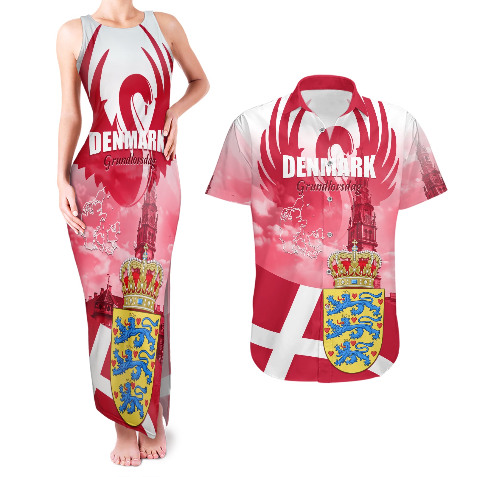 Denmark Constitution Day 2024 Couples Matching Tank Maxi Dress and Hawaiian Shirt Grundlovsdag 5th June - Wonder Print Shop