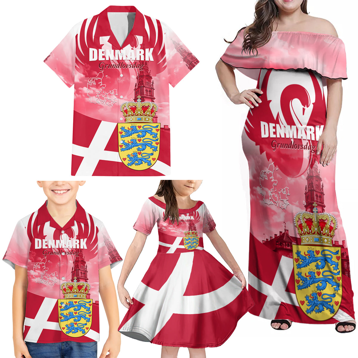 Denmark Constitution Day 2024 Family Matching Off Shoulder Maxi Dress and Hawaiian Shirt Grundlovsdag 5th June - Wonder Print Shop