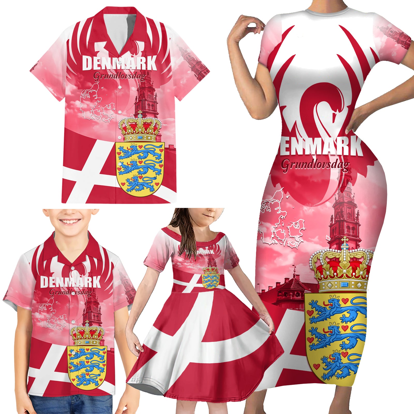 Denmark Constitution Day 2024 Family Matching Short Sleeve Bodycon Dress and Hawaiian Shirt Grundlovsdag 5th June - Wonder Print Shop