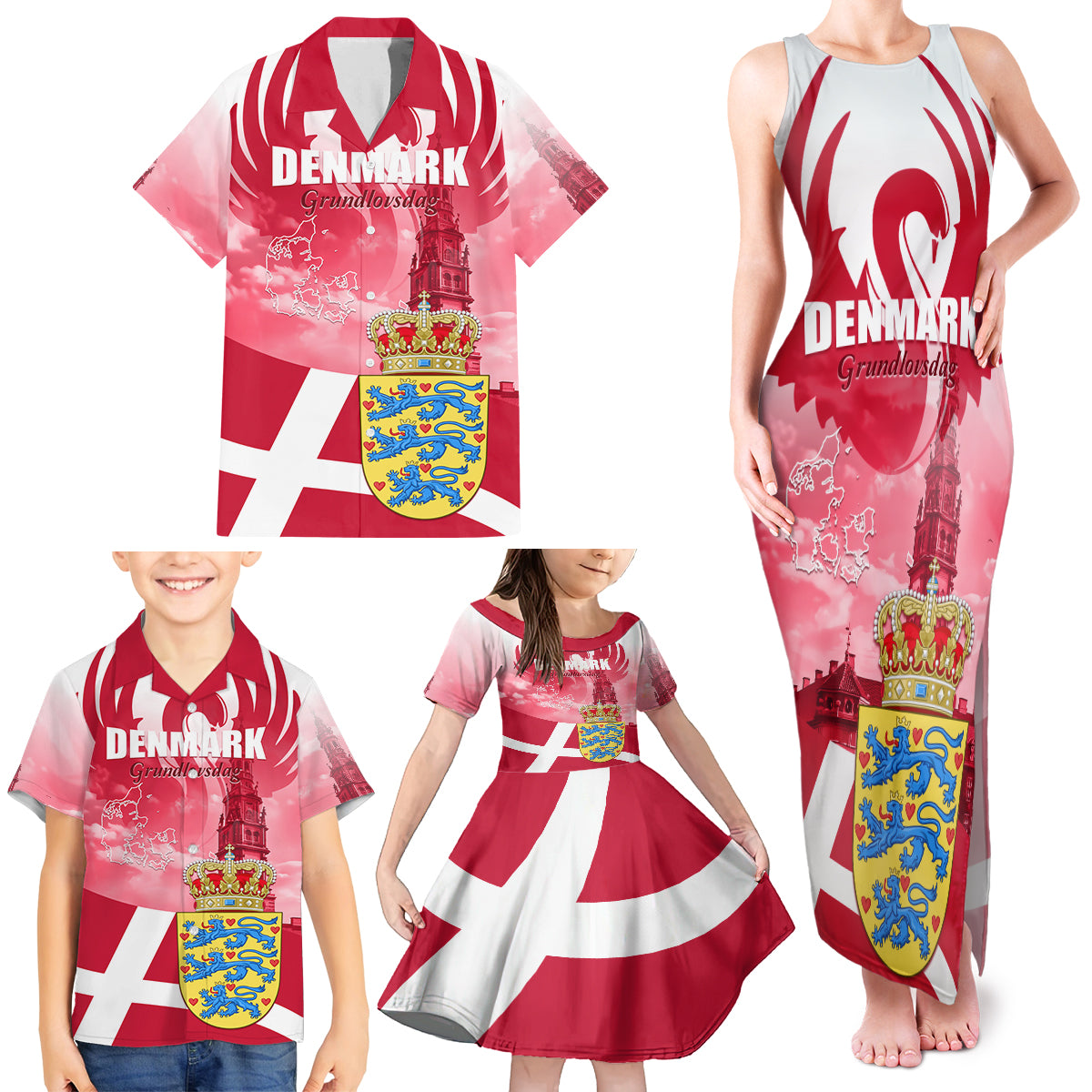 Denmark Constitution Day 2024 Family Matching Tank Maxi Dress and Hawaiian Shirt Grundlovsdag 5th June - Wonder Print Shop