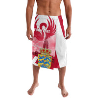 Red and white knee-length lavalava with diagonal stripes and lion crest graphic