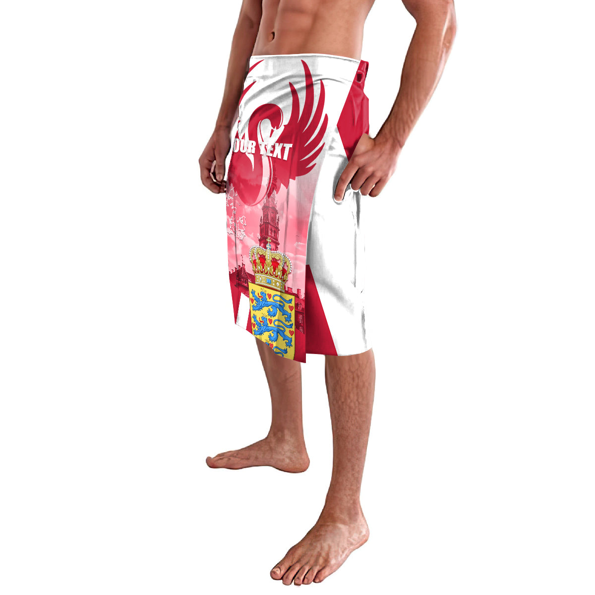 Red and white knee-length lavalava with lion crest and emblem print, elastic waistband