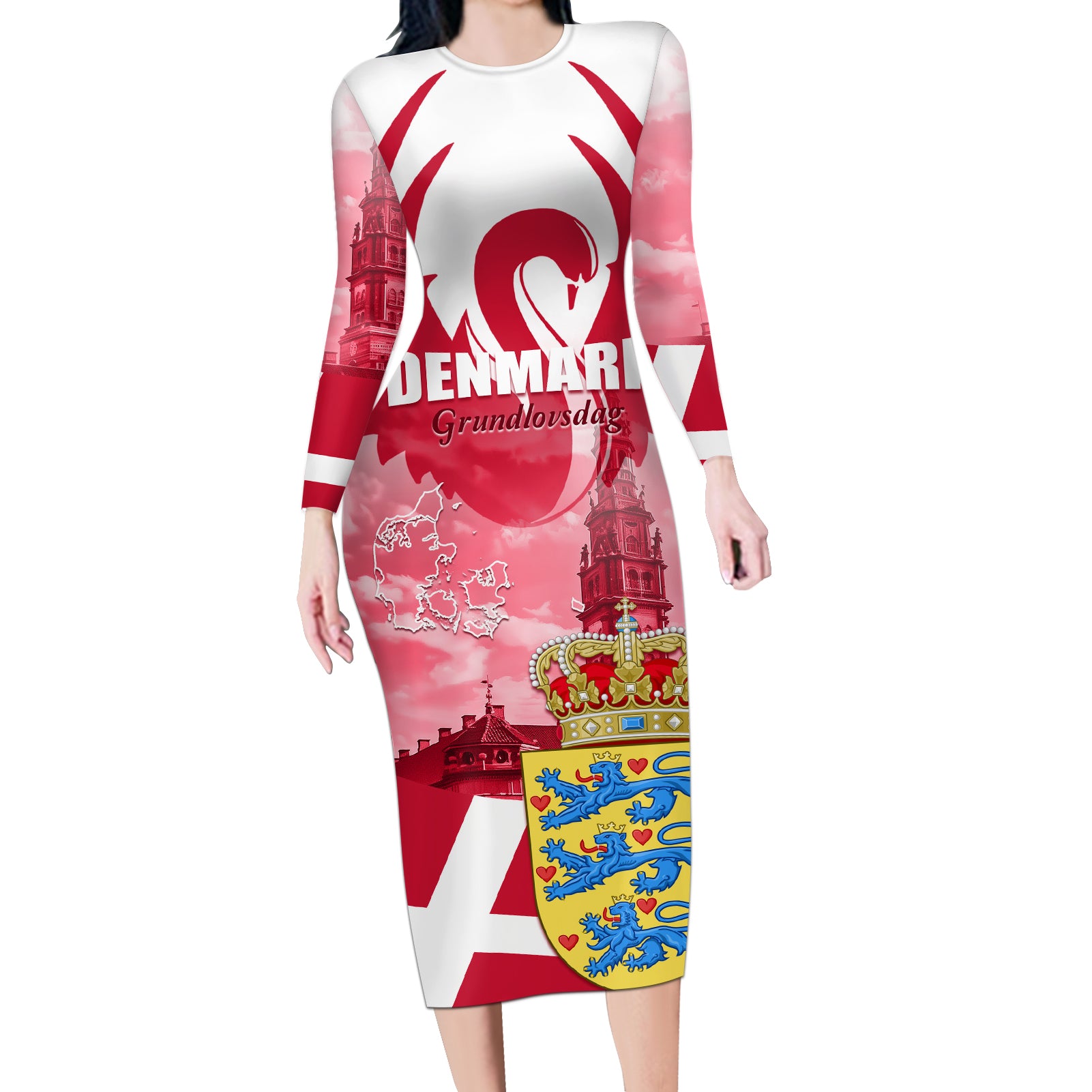 Denmark Constitution Day 2024 Long Sleeve Bodycon Dress Grundlovsdag 5th June - Wonder Print Shop