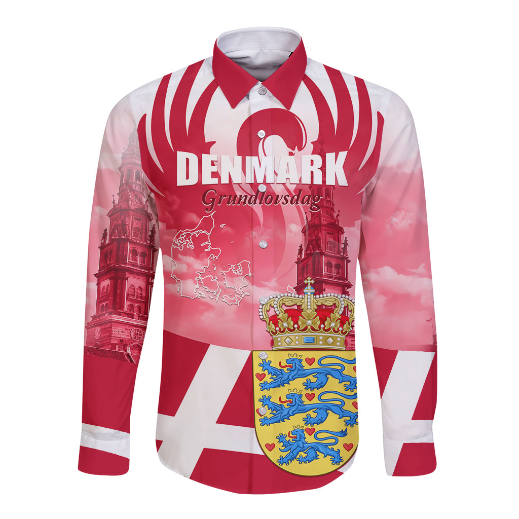 Red long-sleeve button shirt with front Denmark text and crest graphic