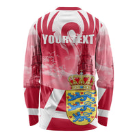 Red-and-white long sleeve shirt with Denmark flag print, coat of arms, and 'YOUR TEXT'