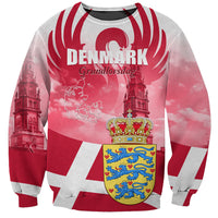 Unisex red-and-white printed sweatshirt with Denmark emblem, crown crest, flag accents