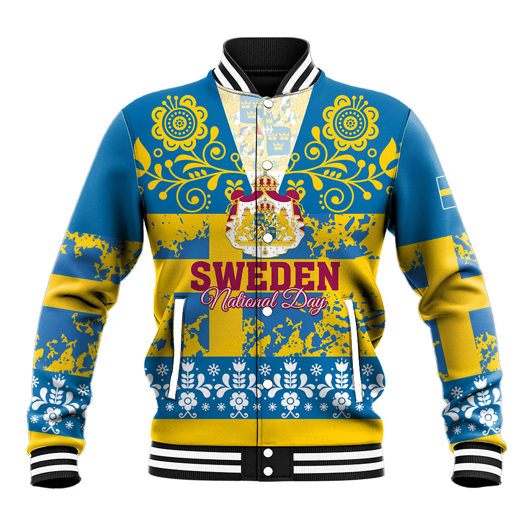Unisex baseball jacket in blue and yellow with striped ribbed trim and front zip graphic