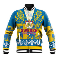 Unisex baseball jacket in blue and yellow with striped ribbed trim and front zip graphic