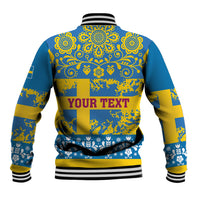 Unisex baseball jacket back in blue and yellow patchwork graphic with striped ribbed cuffs