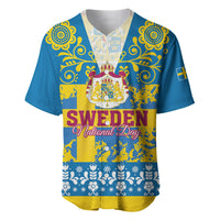 Blue baseball jersey with yellow crest, 'SWEDEN National Day' text, and floral border