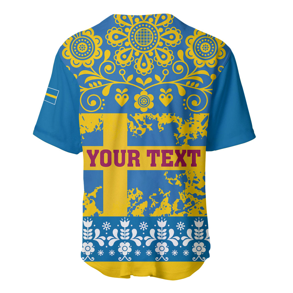 Blue baseball jersey with yellow Swedish pattern and 'YOUR TEXT' on back panel