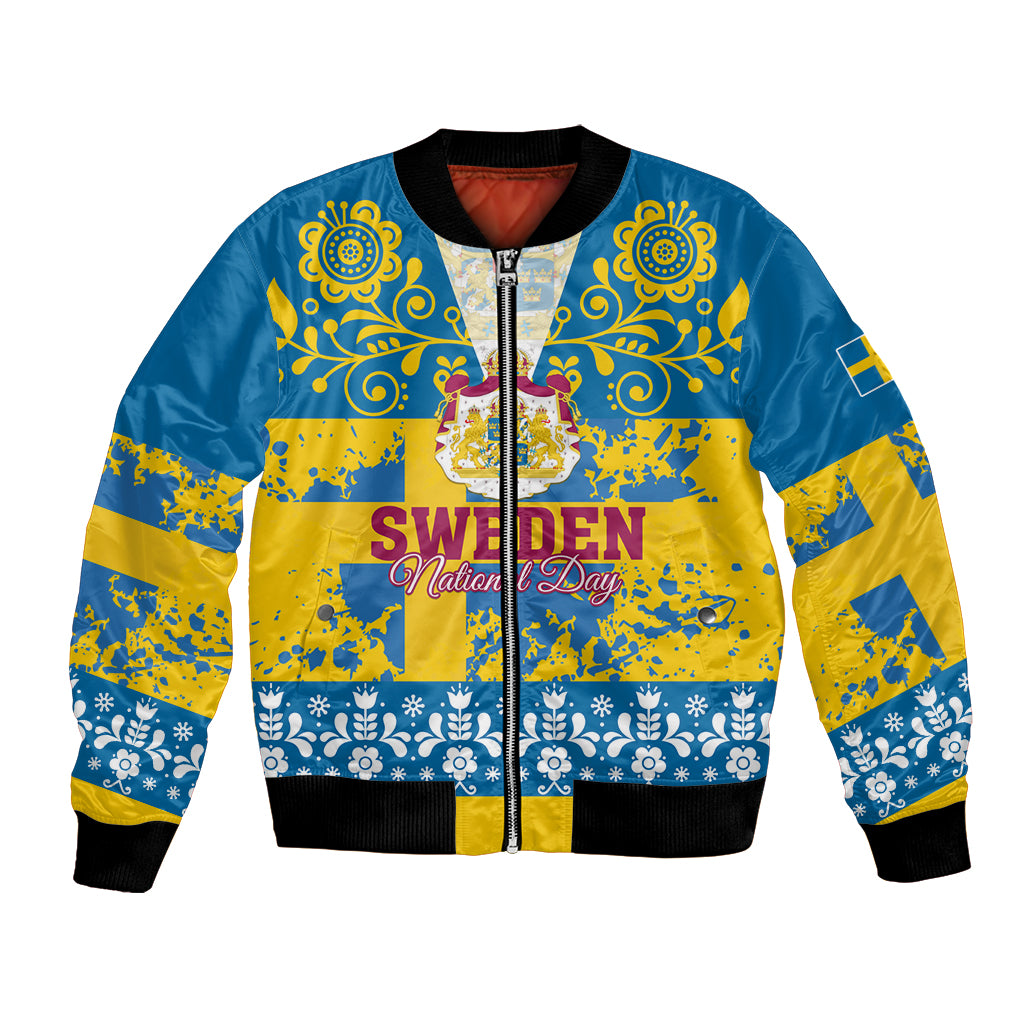 Unisex blue/yellow bomber jacket with Sweden National Day graphic, zip front
