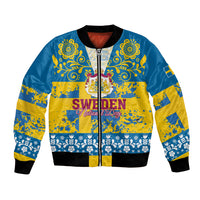Unisex blue/yellow bomber jacket with Sweden National Day graphic, zip front