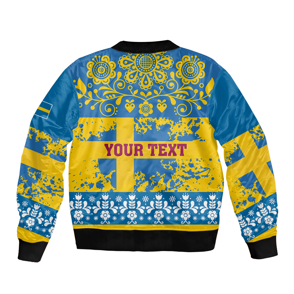 Unisex blue and yellow bomber jacket with floral band and YOUR TEXT back print, rib cuffs