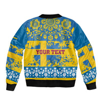 Unisex blue and yellow bomber jacket with floral band and YOUR TEXT back print, rib cuffs