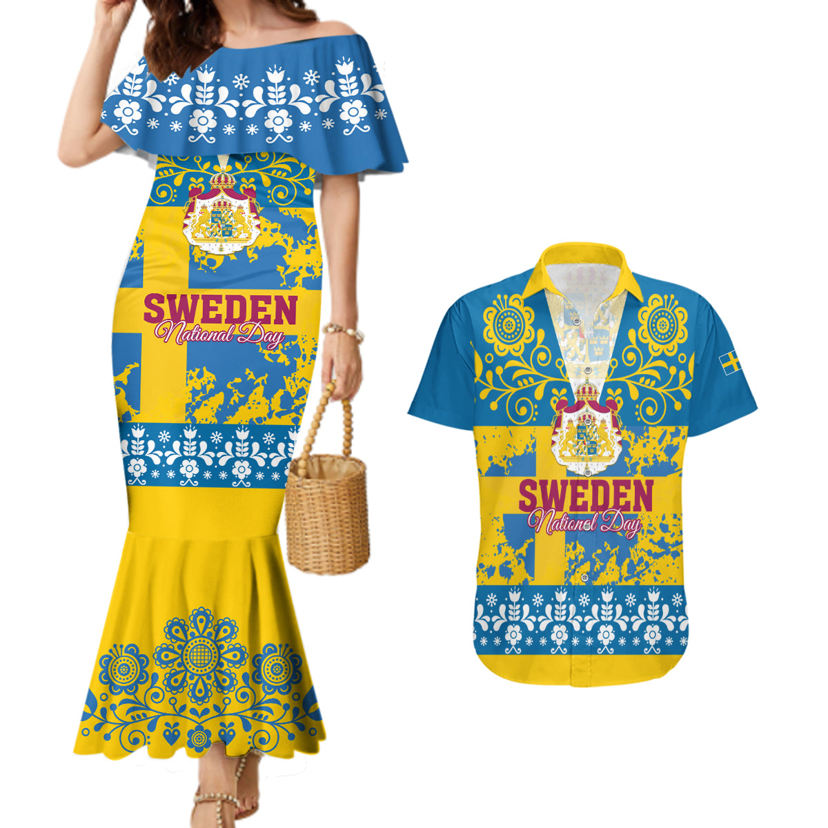 Sweden National Day 2024 Couples Matching Mermaid Dress and Hawaiian Shirt Svenska Flaggans Dag - Wonder Print Shop