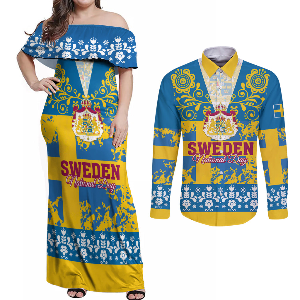 Sweden National Day 2024 Couples Matching Off Shoulder Maxi Dress and Long Sleeve Button Shirt Svenska Flaggans Dag - Wonder Print Shop