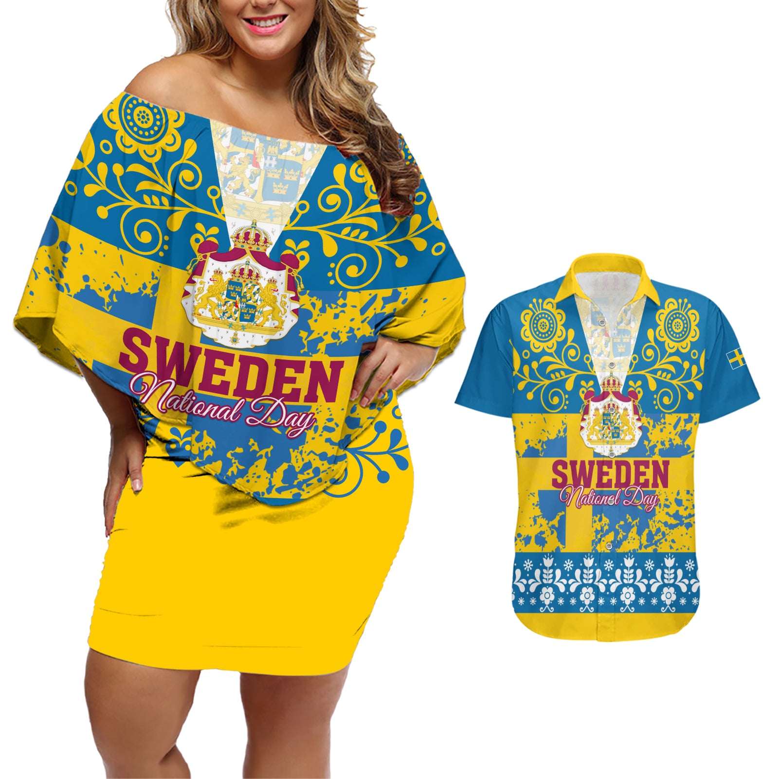 Sweden National Day 2024 Couples Matching Off Shoulder Short Dress and Hawaiian Shirt Svenska Flaggans Dag - Wonder Print Shop