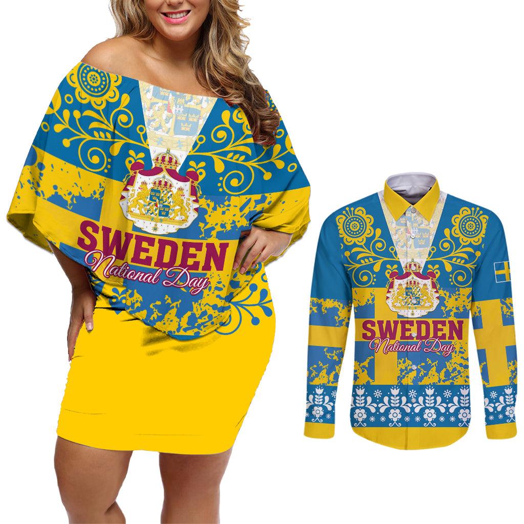 Sweden National Day 2024 Couples Matching Off Shoulder Short Dress and Long Sleeve Button Shirt Svenska Flaggans Dag - Wonder Print Shop