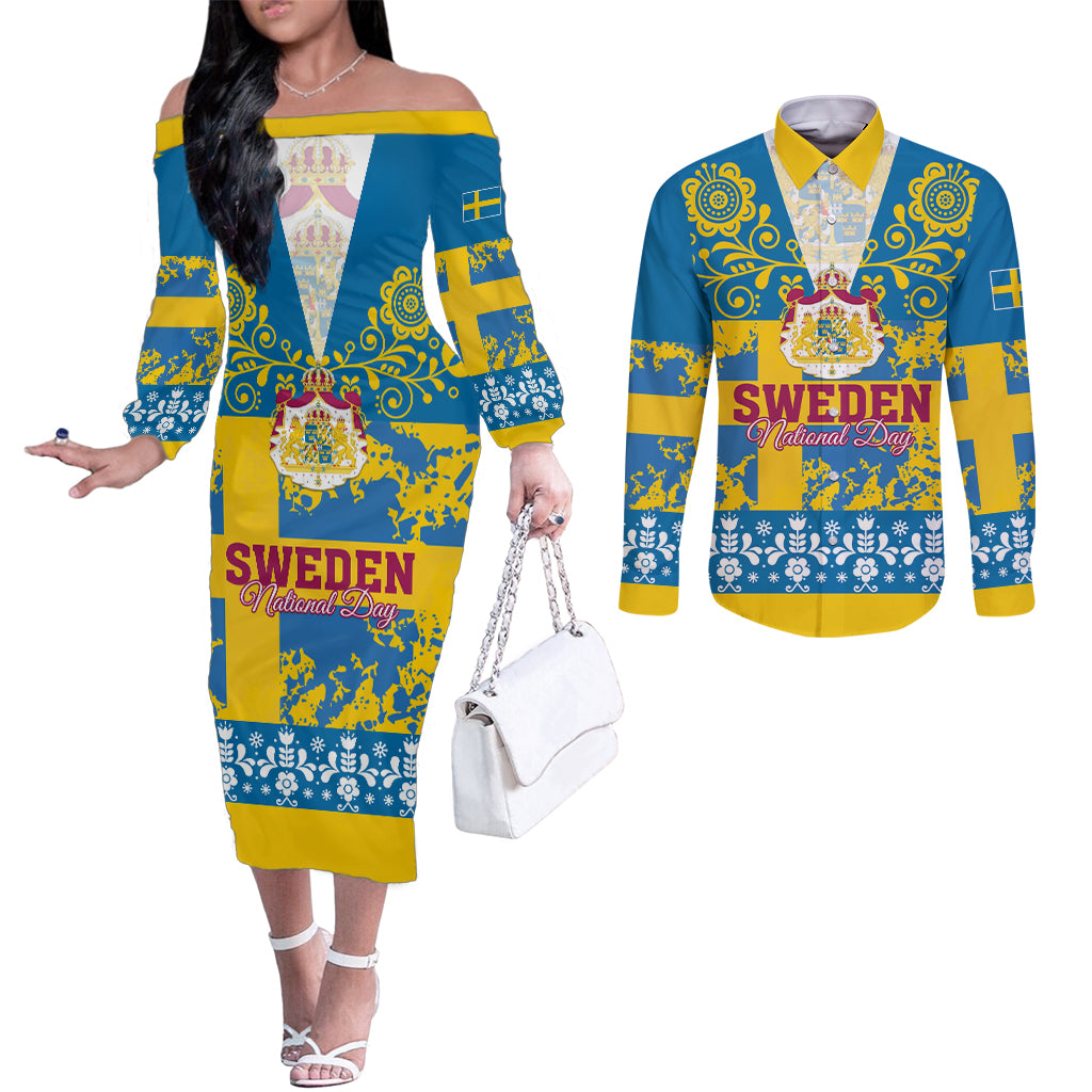 Sweden National Day 2024 Couples Matching Off The Shoulder Long Sleeve Dress and Long Sleeve Button Shirt Svenska Flaggans Dag