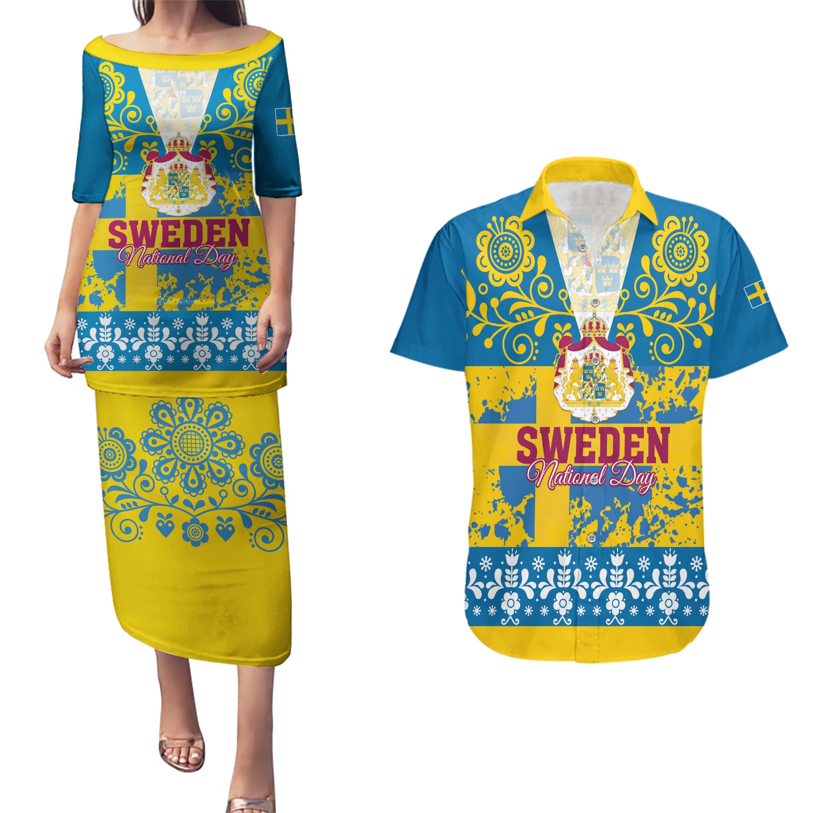 Sweden National Day 2024 Couples Matching Puletasi and Hawaiian Shirt Svenska Flaggans Dag - Wonder Print Shop