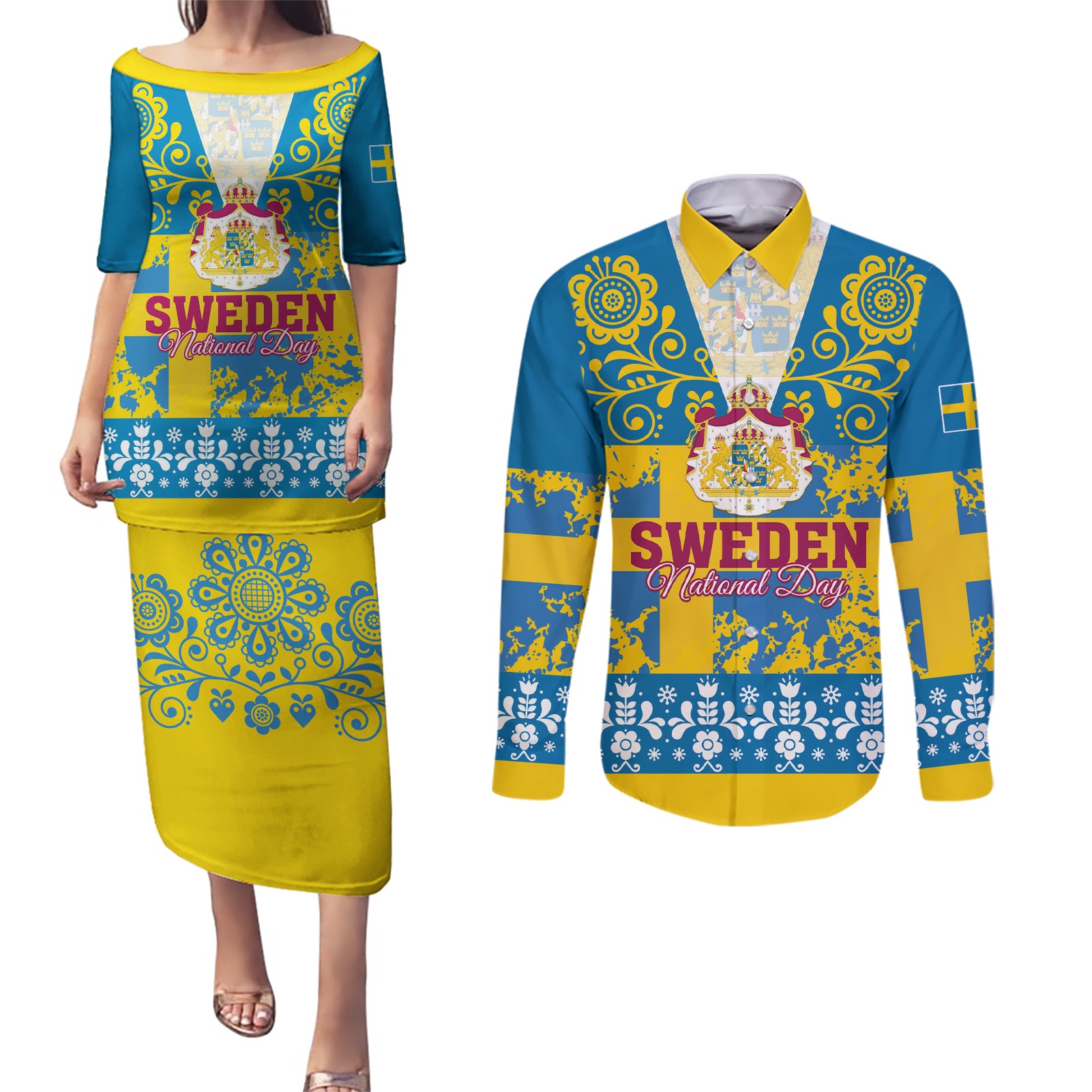 Sweden National Day 2024 Couples Matching Puletasi and Long Sleeve Button Shirt Svenska Flaggans Dag - Wonder Print Shop