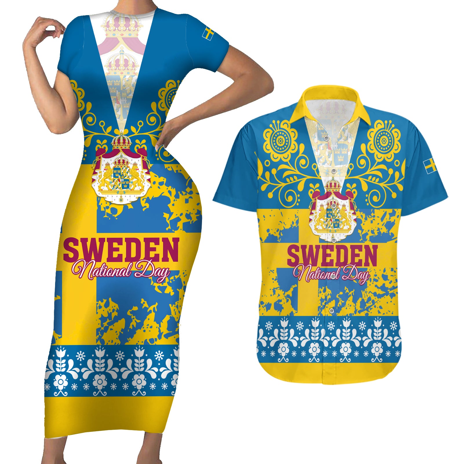 Sweden National Day 2024 Couples Matching Short Sleeve Bodycon Dress and Hawaiian Shirt Svenska Flaggans Dag - Wonder Print Shop