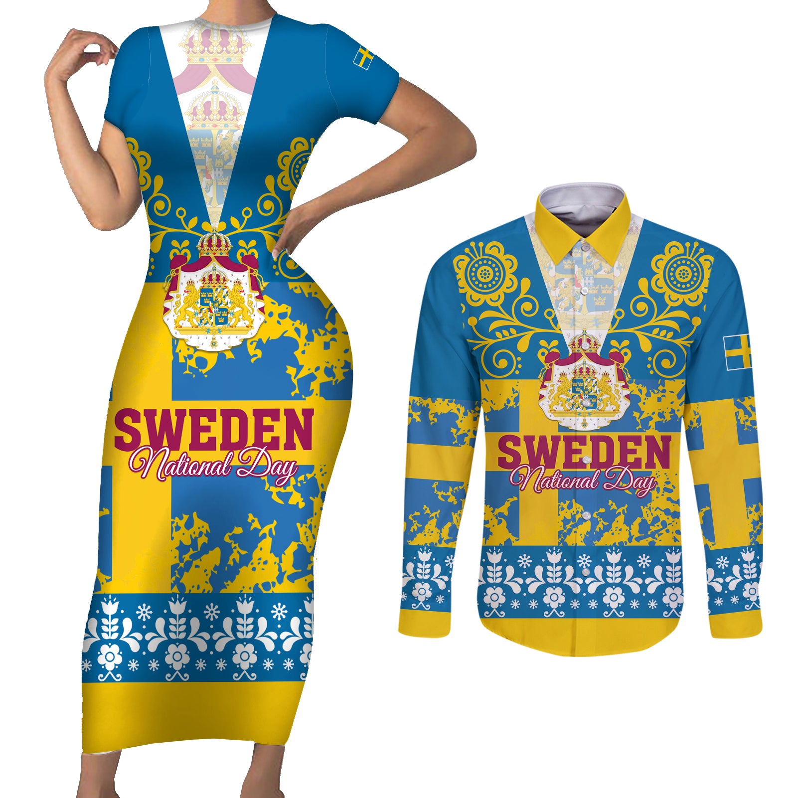 Sweden National Day 2024 Couples Matching Short Sleeve Bodycon Dress and Long Sleeve Button Shirt Svenska Flaggans Dag - Wonder Print Shop