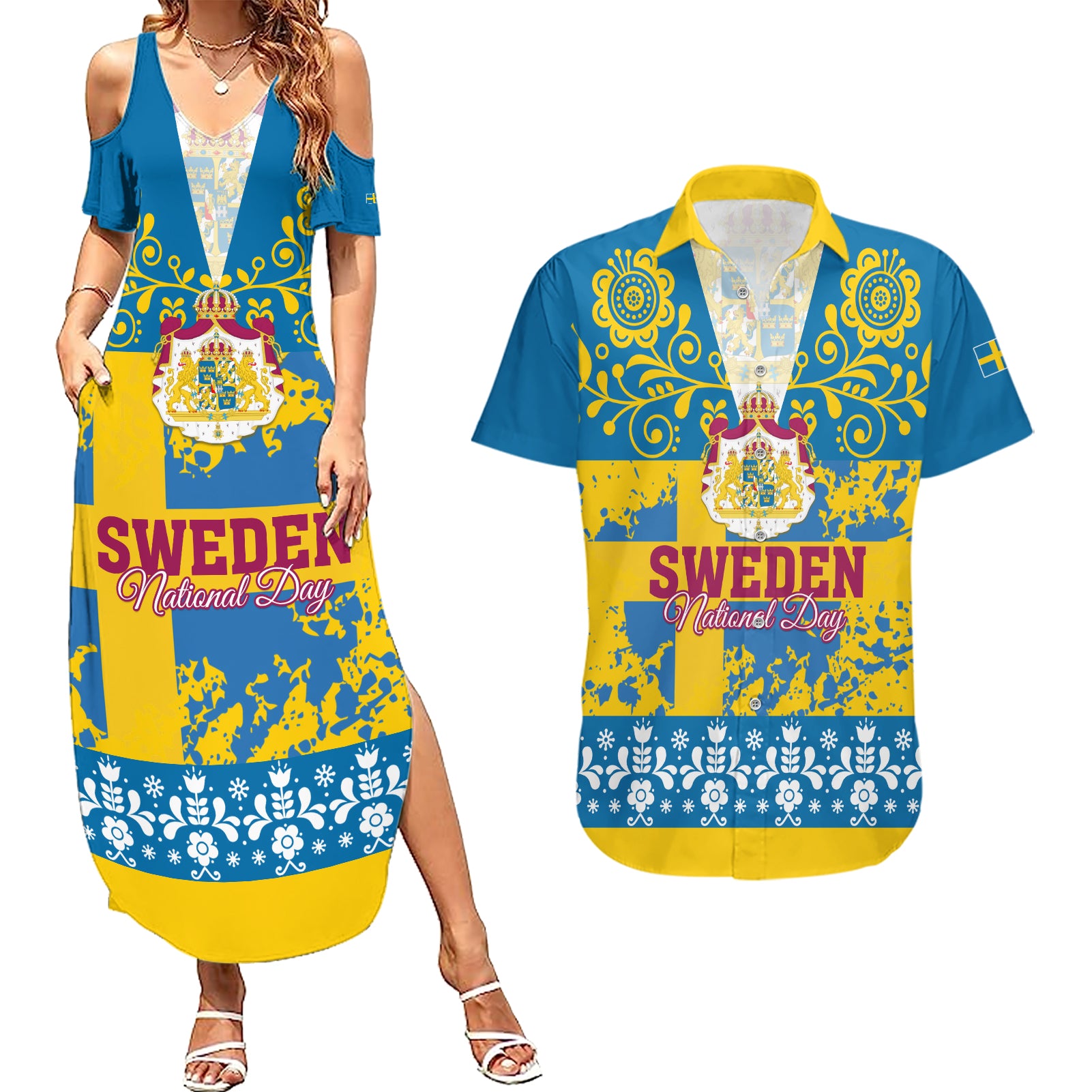 Sweden National Day 2024 Couples Matching Summer Maxi Dress and Hawaiian Shirt Svenska Flaggans Dag - Wonder Print Shop