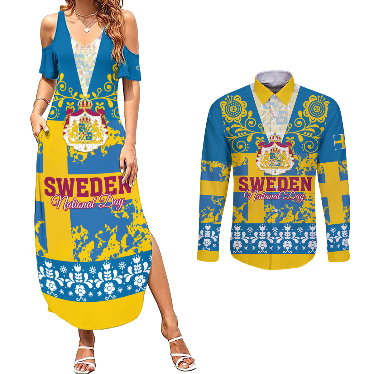 Sweden National Day 2024 Couples Matching Summer Maxi Dress and Long Sleeve Button Shirt Svenska Flaggans Dag - Wonder Print Shop