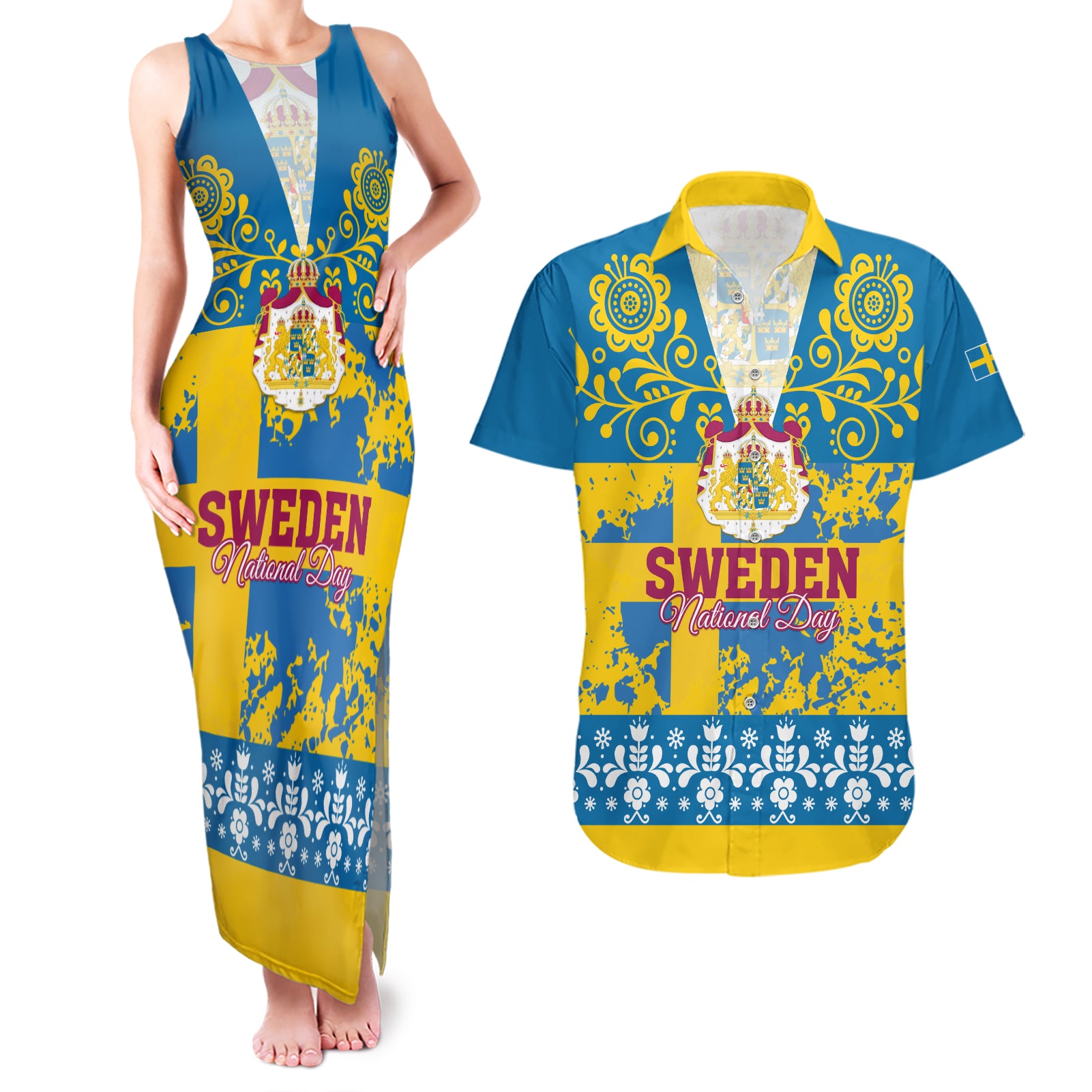 Sweden National Day 2024 Couples Matching Tank Maxi Dress and Hawaiian Shirt Svenska Flaggans Dag - Wonder Print Shop