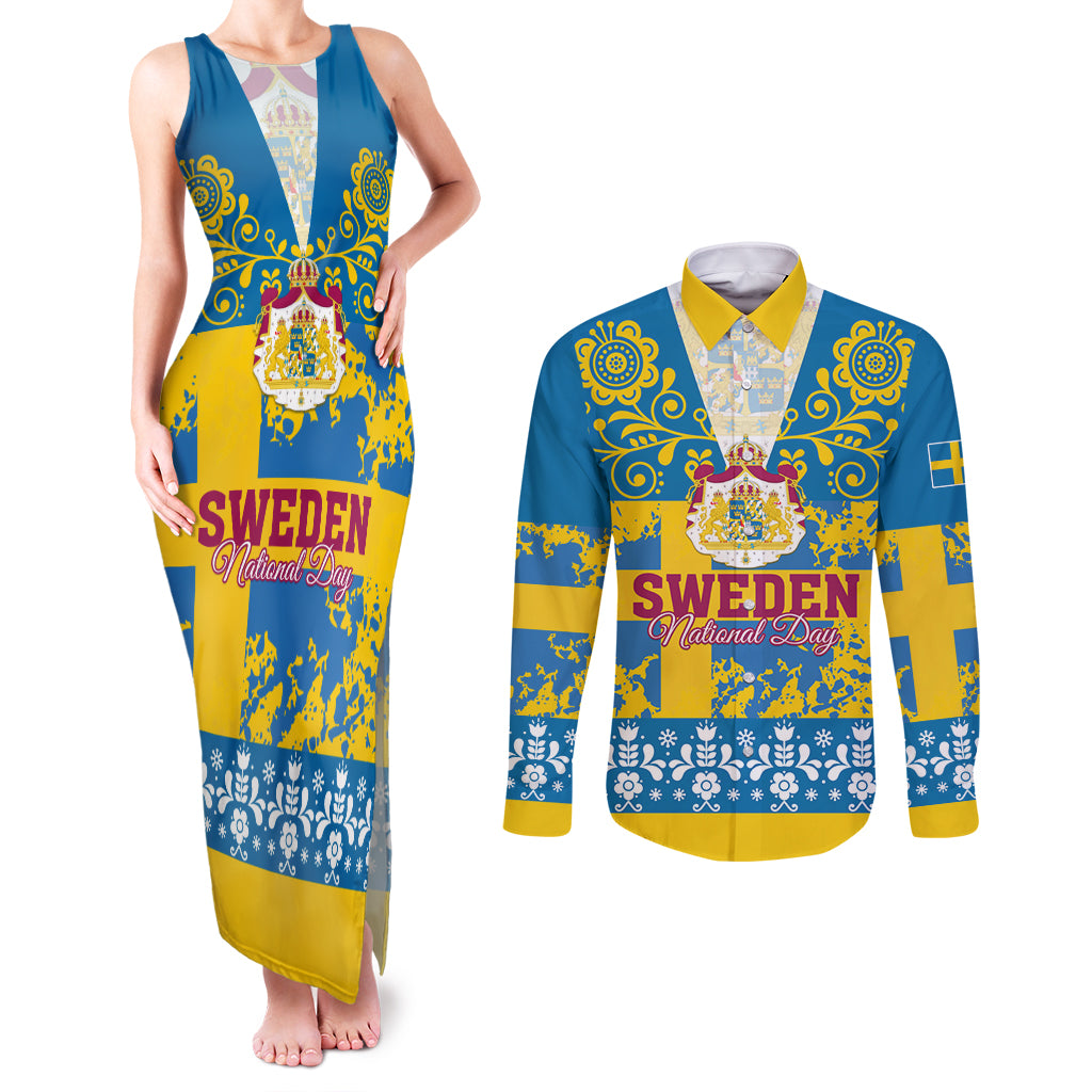 Sweden National Day 2024 Couples Matching Tank Maxi Dress and Long Sleeve Button Shirt Svenska Flaggans Dag - Wonder Print Shop