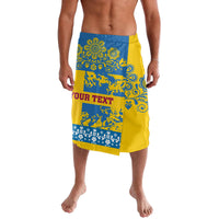 Blue-and-yellow lavalava with Swedish ornaments, hearts, and centered 'YOUR TEXT' print