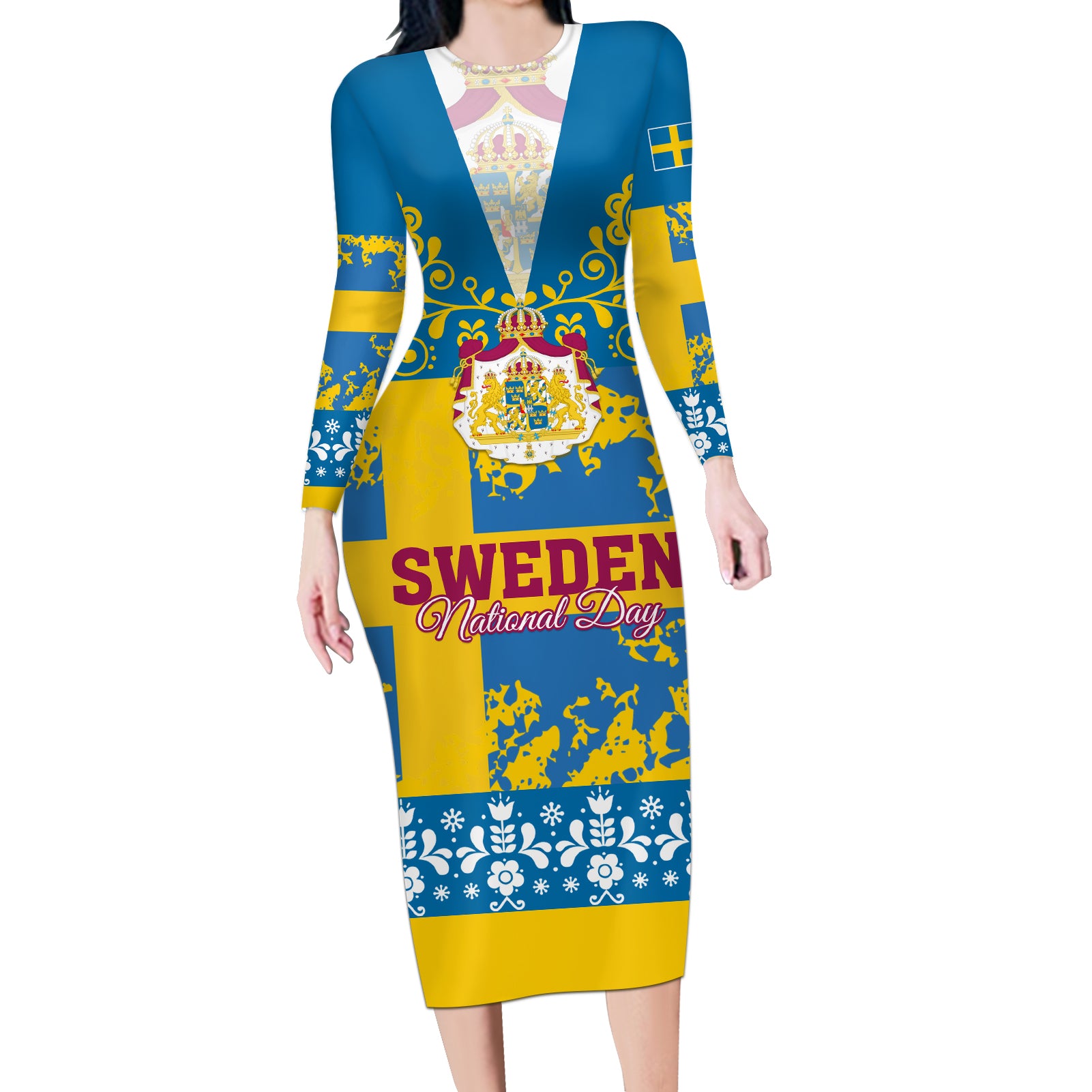 Sweden National Day 2024 Long Sleeve Bodycon Dress Svenska Flaggans Dag - Wonder Print Shop