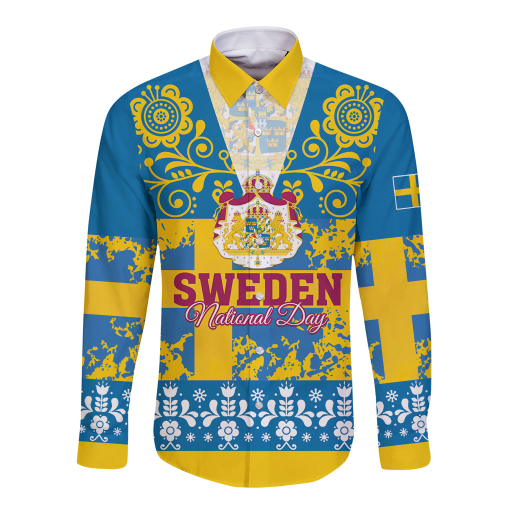 Blue long sleeve button shirt with Sweden National Day graphic, gold trim, button front