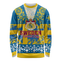 Blue and yellow long-sleeve shirt with Sweden crown crest and National Day graphic