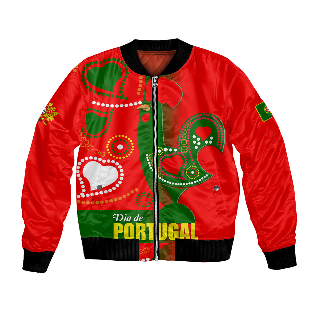 Red bomber jacket with black ribbed cuffs, front zipper, Portugal Day graphic on front