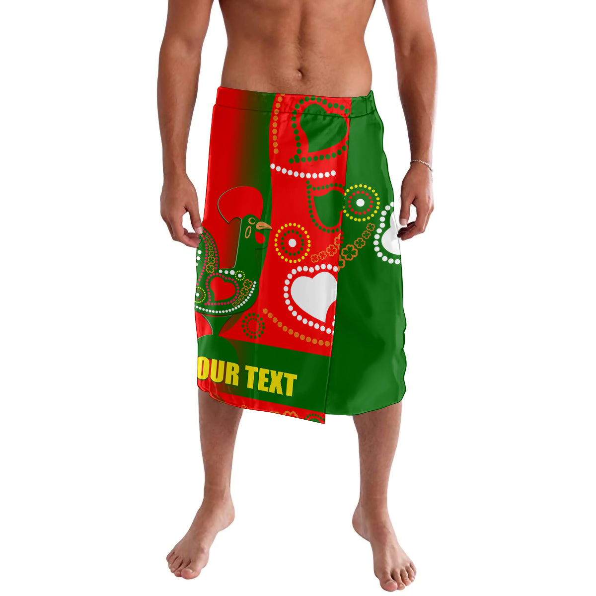 Green sarong-style skirt with red and white ornament print panel
