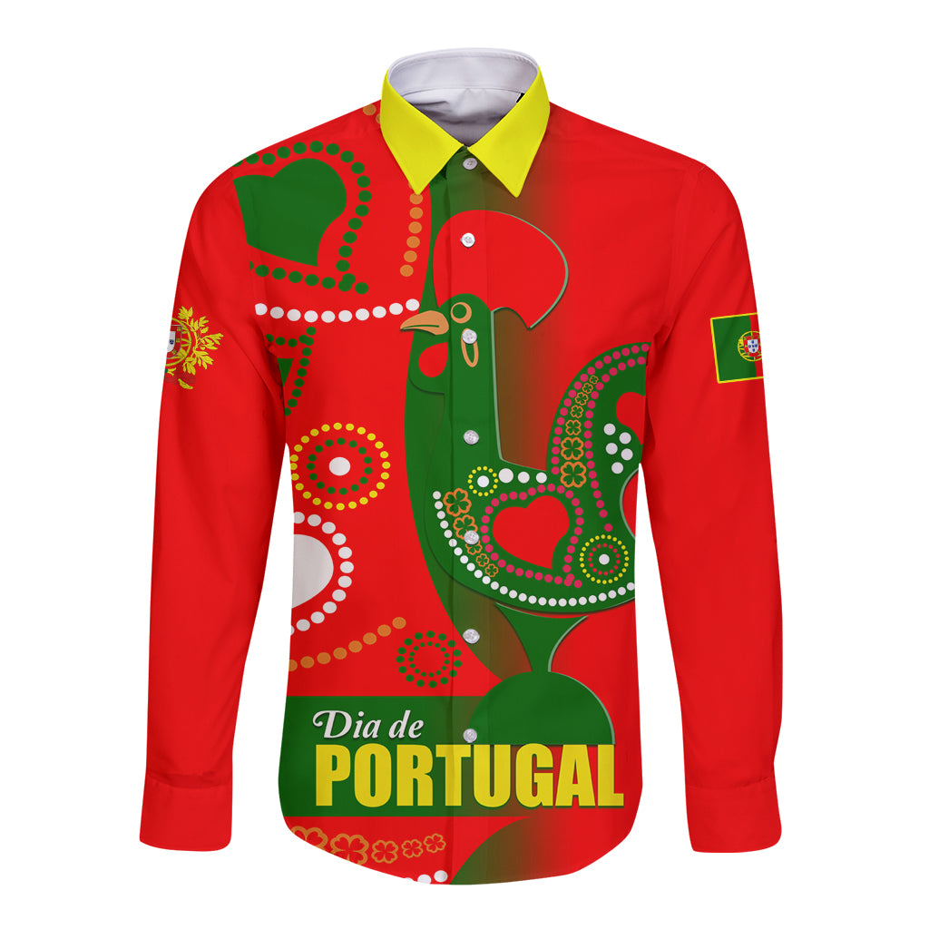 Long sleeve button shirt, red with green graphic and yellow contrast collar