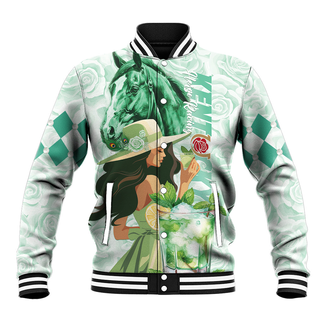Mint baseball jacket with white-and-black striped ribbed collar and button front