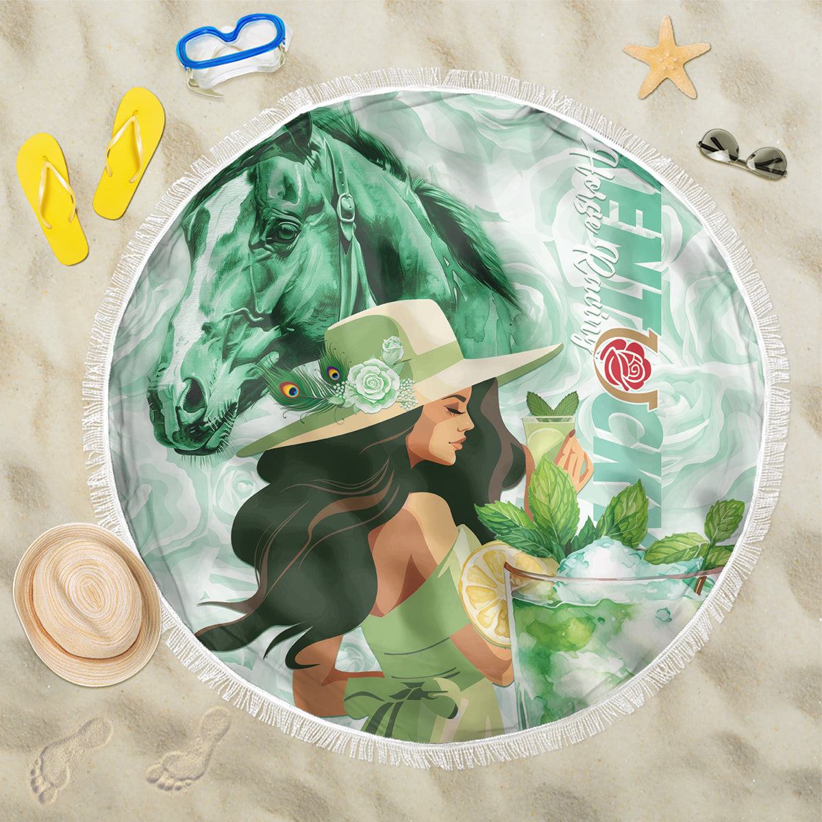 Mint green round beach blanket with fringe, featuring illustrated lady, horse, and cocktail.