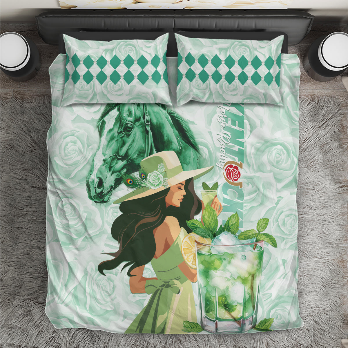 Mint green comforter bedding set with jockey, horse and rose graphic, two pillows