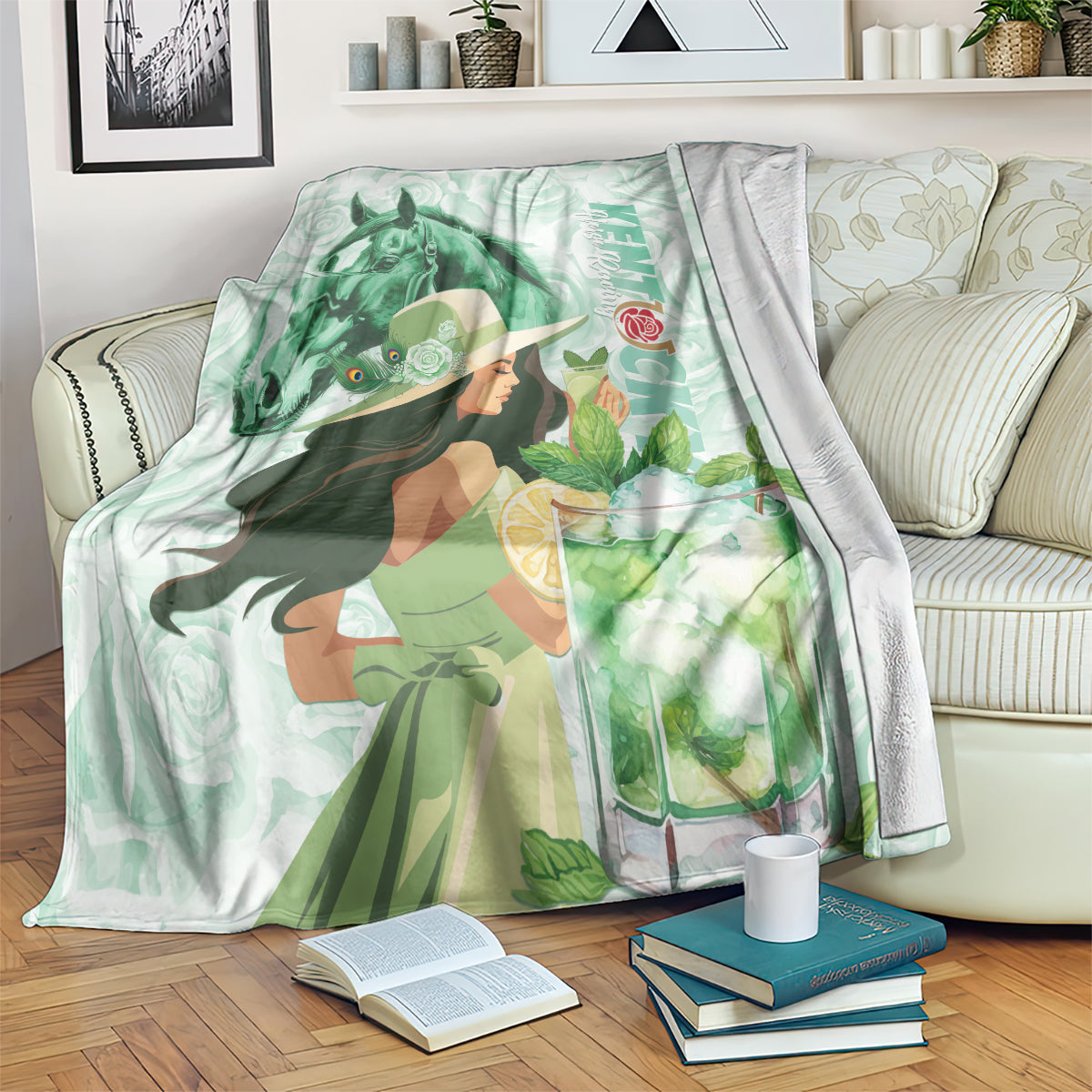 Mint horse racing blanket with green horse, hat-wearing woman, and julep cocktail illustration