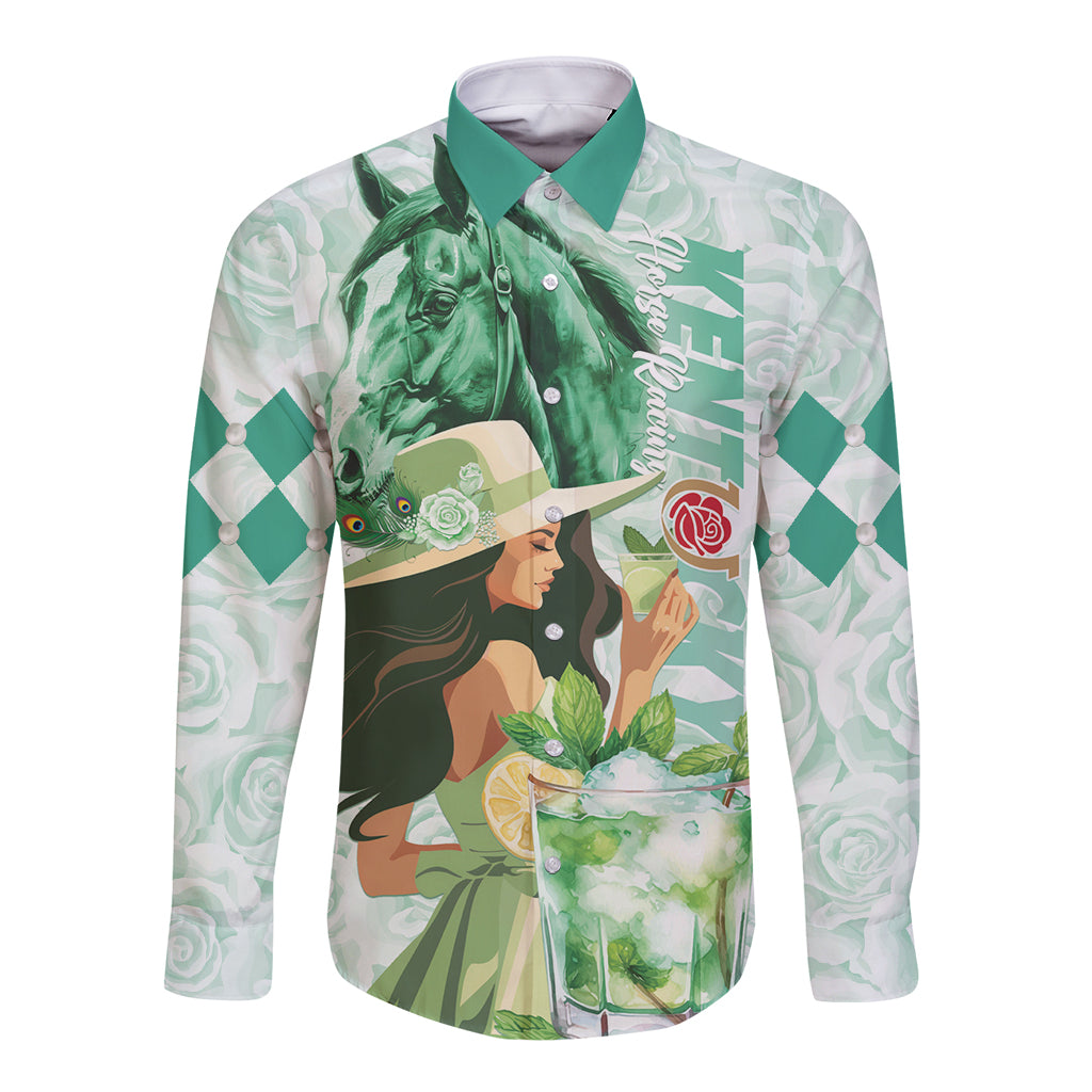 Mint long-sleeve button shirt with front graphic horse and cocktail drink