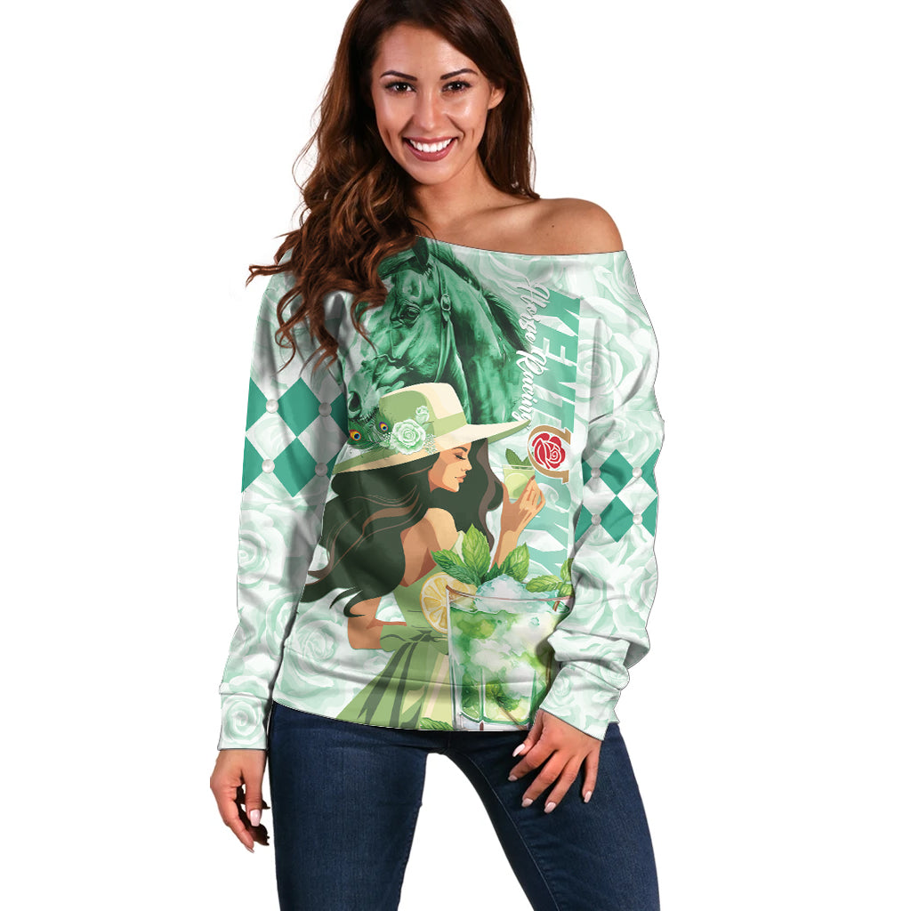 Kentucky Horse Racing Off Shoulder Sweater Fancy Lady With Derby Mint Julep Cocktail - Wonder Print Shop