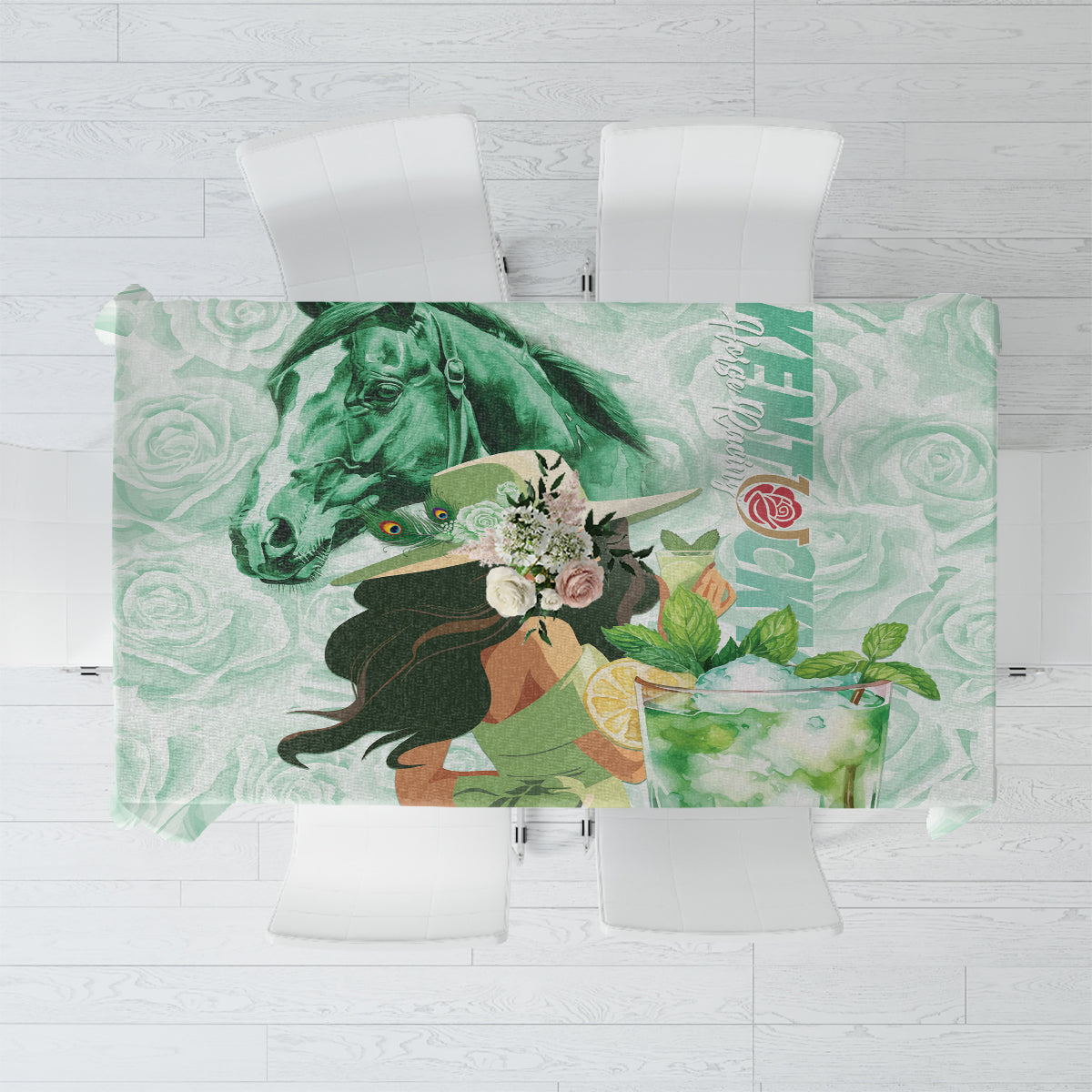 Mint green horse racing tablecloth with illustrated lady, horse head, and derby roses.