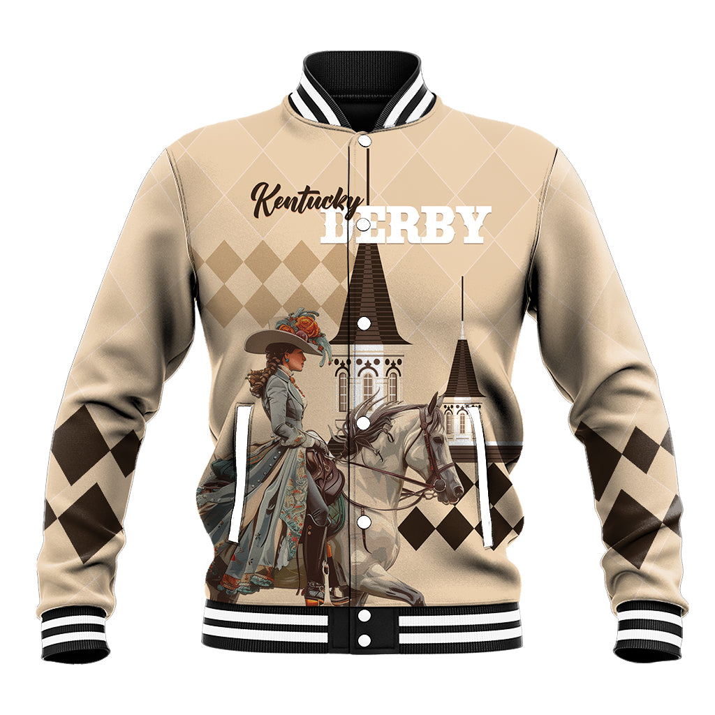 Beige baseball jacket with black-and-white striped ribbed collar, button front, horse print