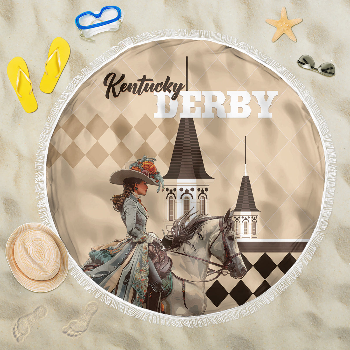Beige round beach blanket with horse rider graphic, diamond pattern, and white fringe