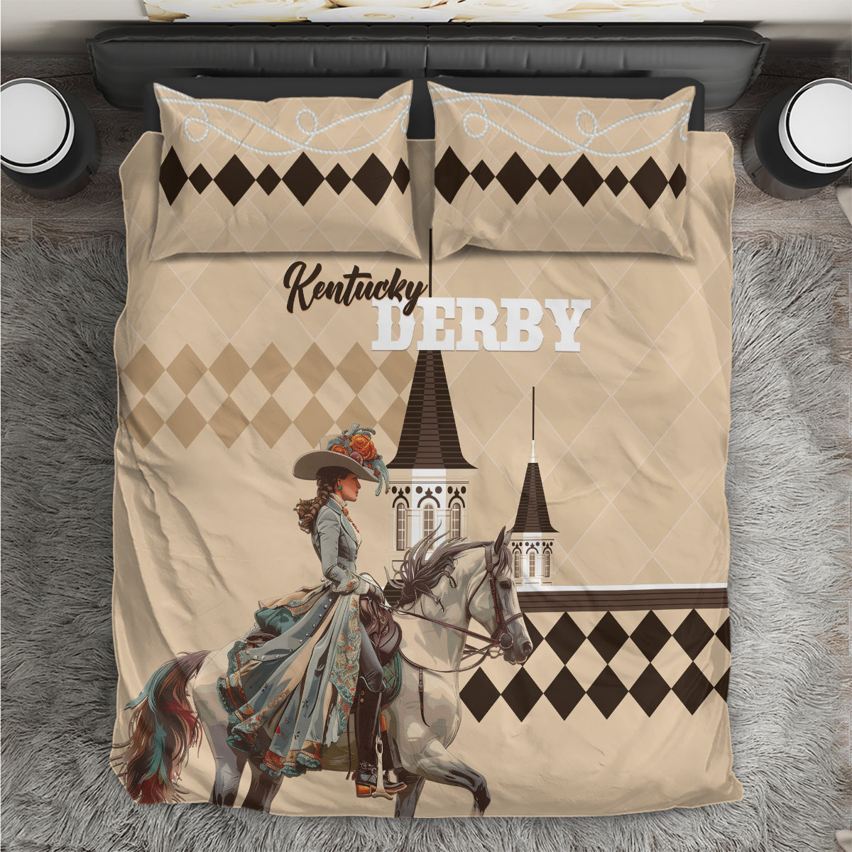 Beige Kentucky Derby bedding set with horse rider artwork and black diamond trim pillows